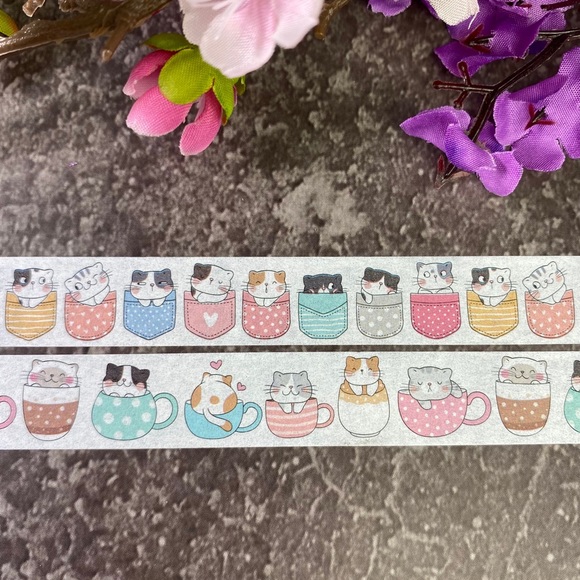 Kitty Cats In Pockets and Coffee Mugs, Washi Tape, Set Of 2 Rolls - Picture 5 of 9